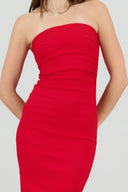 Vestido maxi strapless drapeado hypsters