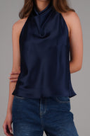 Top satín cuello cascada alto hypsters