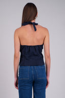 striped print halter top with tie closure