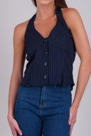 striped print halter top with tie closure