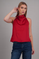 Satin halter top with irregular buckle detail