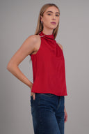Satin halter top with irregular buckle detail