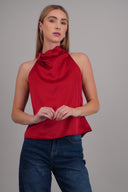 Satin halter top with irregular buckle detail