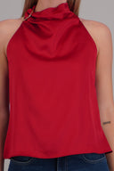 Satin halter top with irregular buckle detail