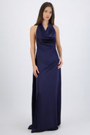 Vestido maxi escote cascada satinado