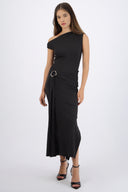 Vestido midi hombro caido detalle cadera