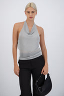 Top halter cuello cascada metálico