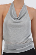 Top halter cuello cascada metálico
