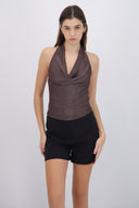 Top cuello cascada brillos
